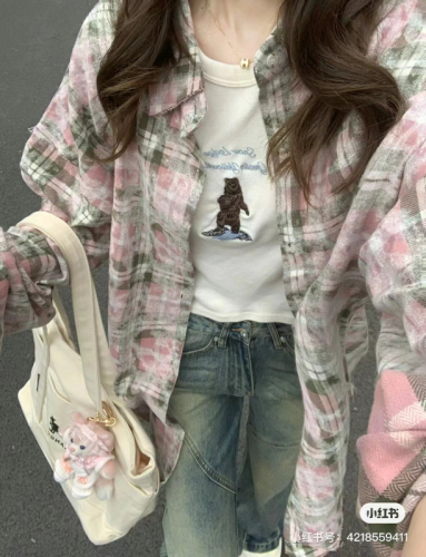 粉色撞色艺术感格子衬衫外套女春秋季设计感小众做旧情侣开衫衬衣
