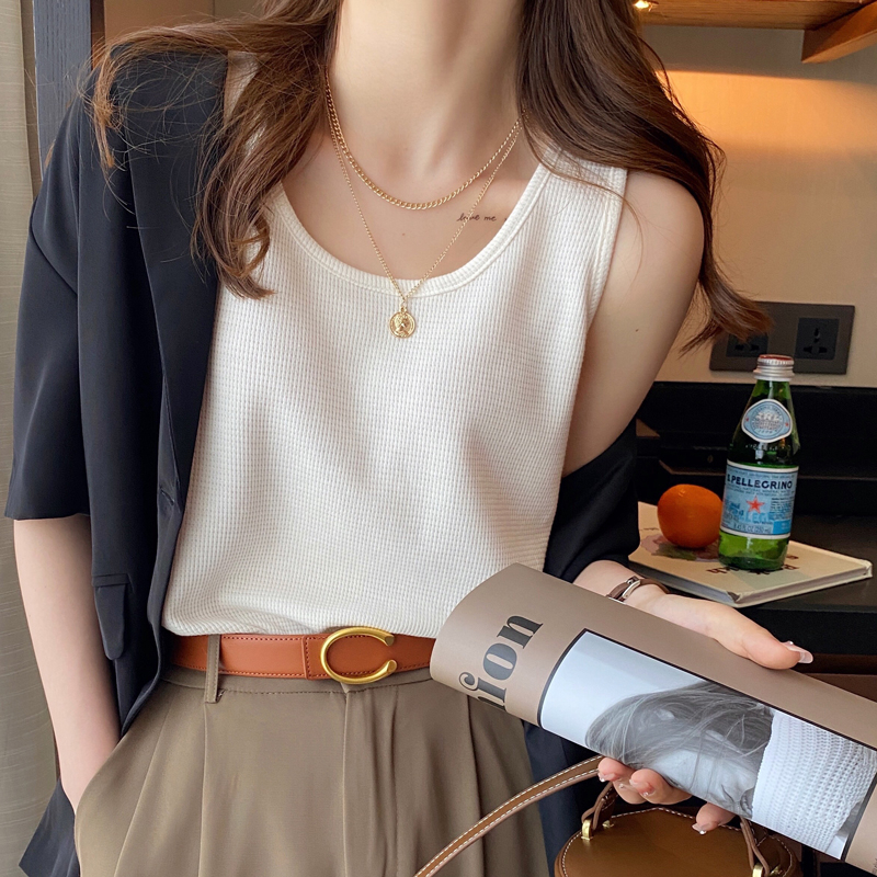 春夏內搭白色背心女打底衫寬鬆遮副乳顯瘦外穿華夫格無袖上衣