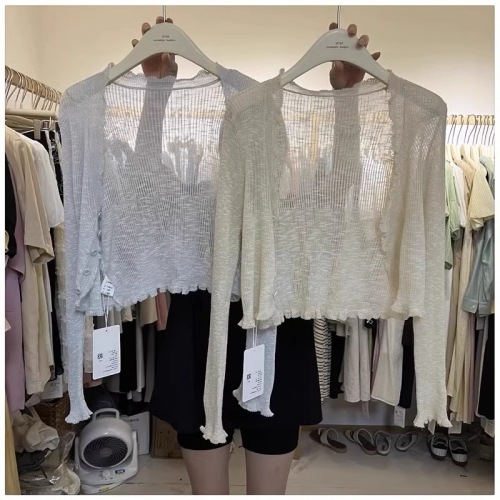French light sun protection knitted cardigan short high-waisted top women's summer thin coat hollow slightly see-through fungus edge