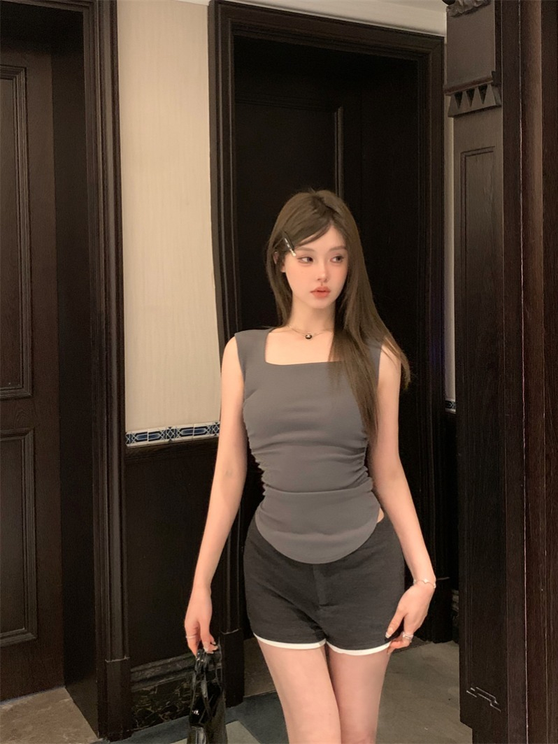 莫代爾 設計感褶皺修身內搭外穿上衣辣妹灰色無袖小背心女裝夏季