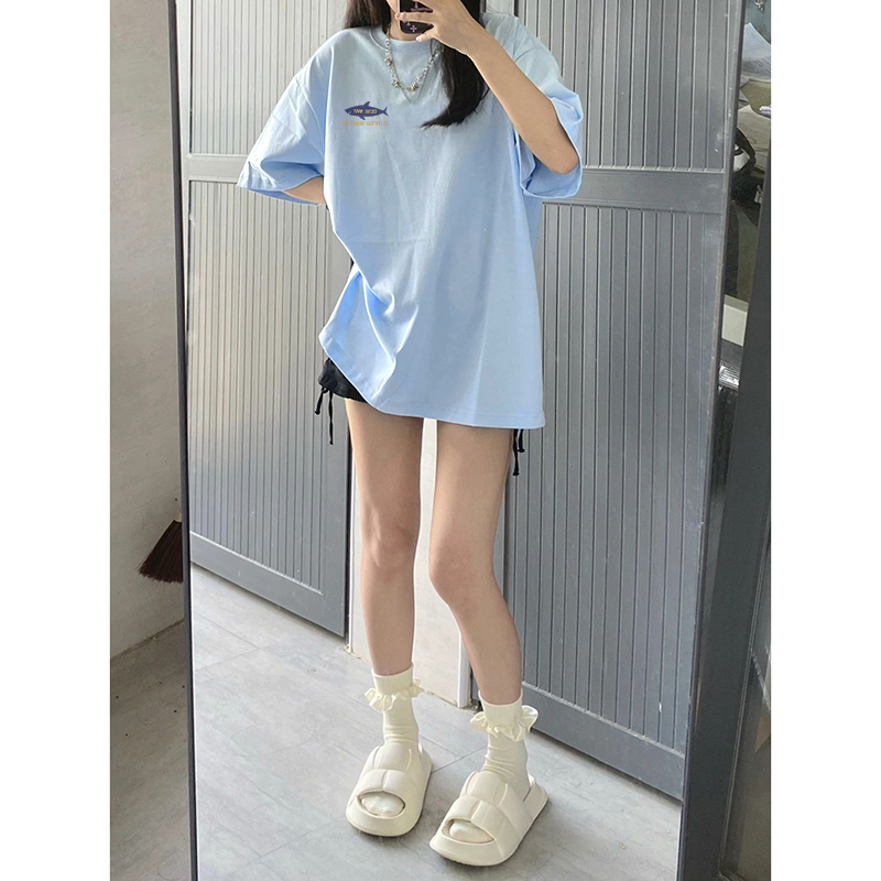 Close-knit combed 200g combed pure cotton, 100% pure cotton open collar loose print short sleeve t-shirt