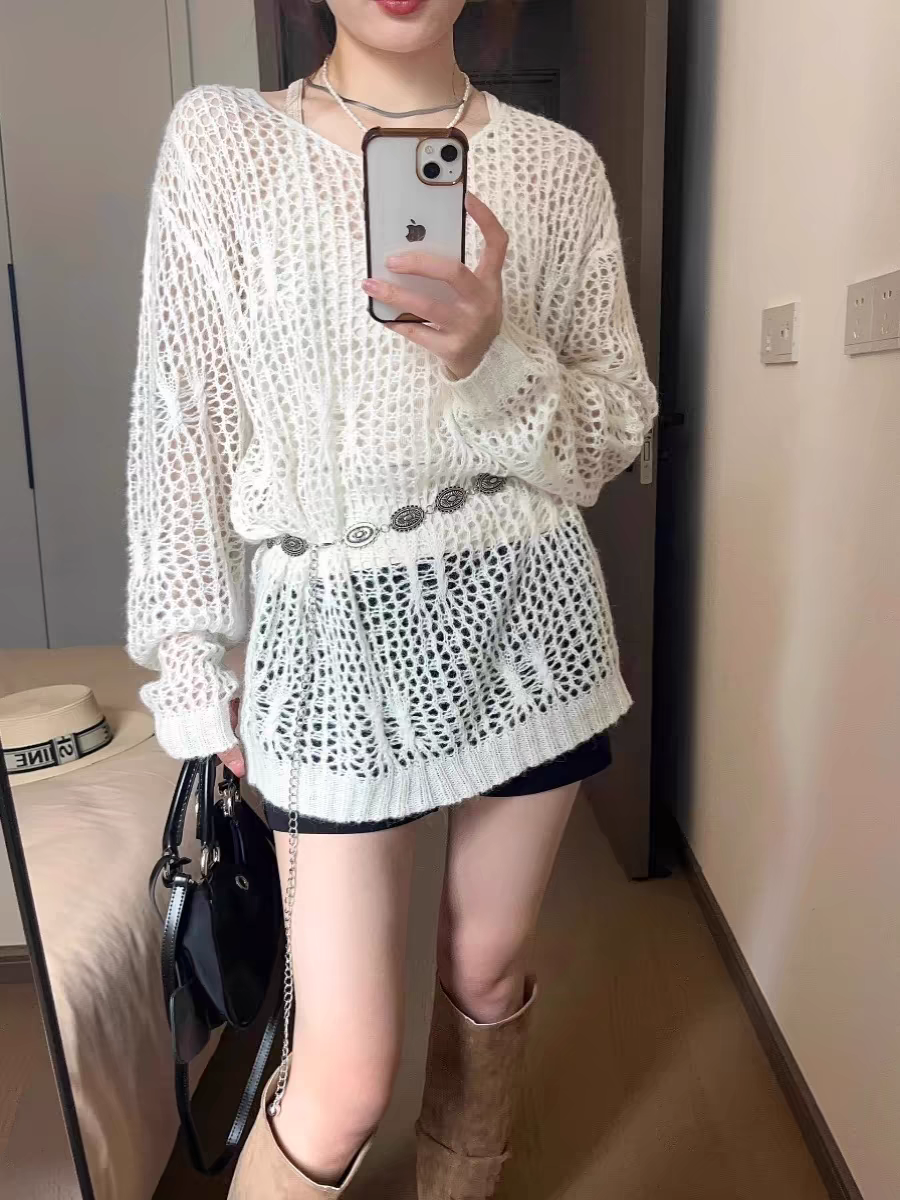 白色寬鬆鏤空針織衫吊帶外搭罩衫女慵懶風設計感夏季防曬薄款上衣