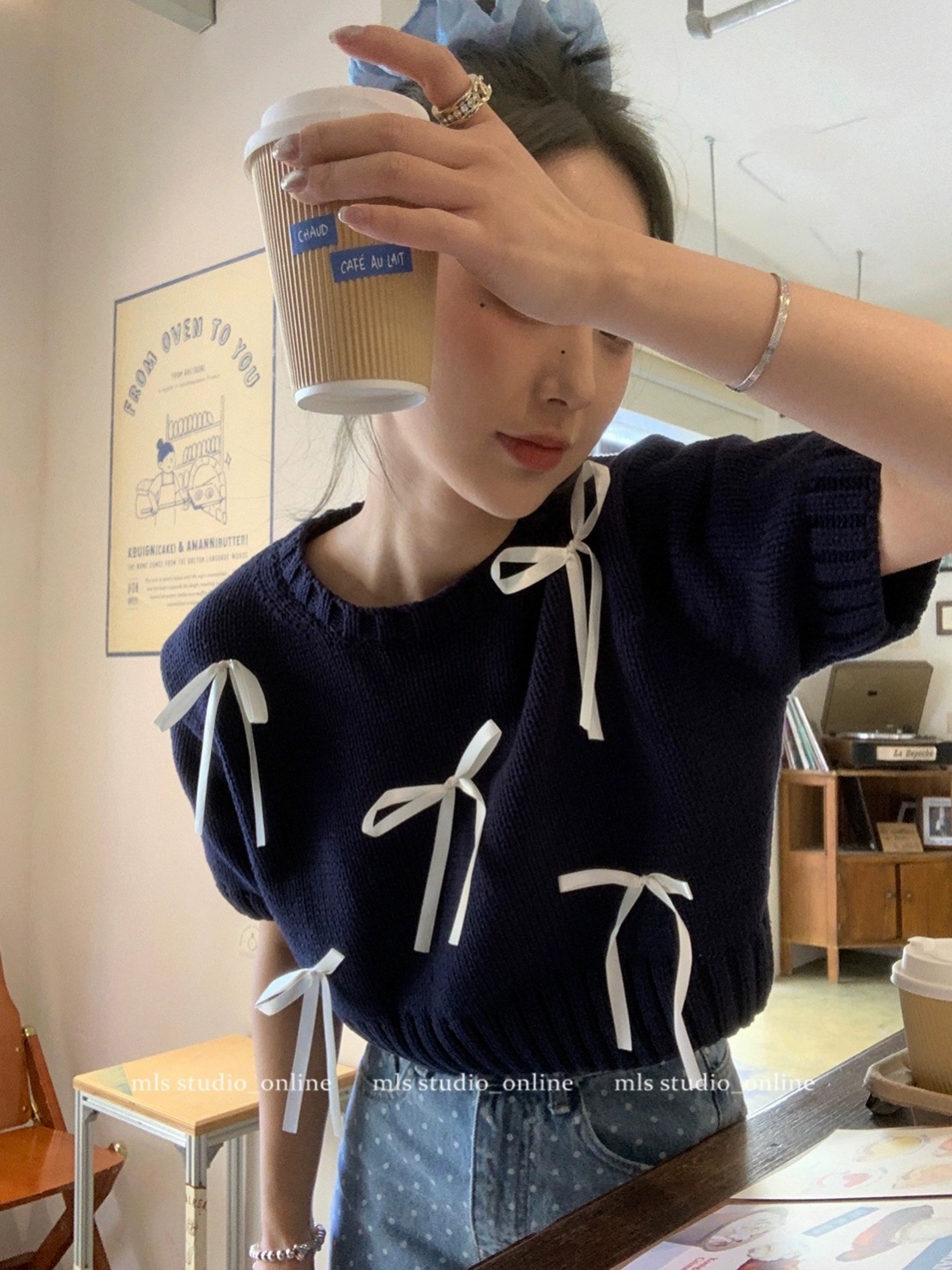 ovinsyang 蝴蝶結短款毛衣女春秋2024新款甜美少女慵懶風針織上衣
