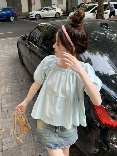 新款韩版简约风学生衬衫女短袖夏季松紧方领纯色小个子娃娃衫上衣