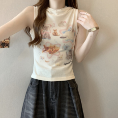 Real-shot Women's 2024 Summer New Arrival Sweet & Cool Style Sleeveless T-Shirt with Cartoon Print, Perfect for a Bold and Alluring Chic Look