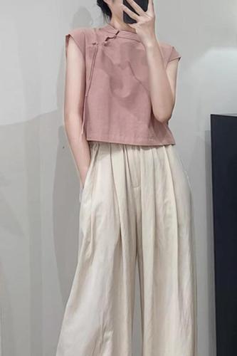 新中式轻国风无袖粉色衬衫女2024夏季新款衬衣设计感小众小衫上衣
