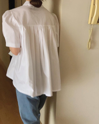 Korean ins summer style sweet puff sleeve pleated back solid color short sleeve shirt