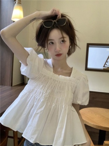 韩版甜美褶皱泡泡袖衬衫女方领夏季新款收腰遮肚子娃娃衫短袖上衣