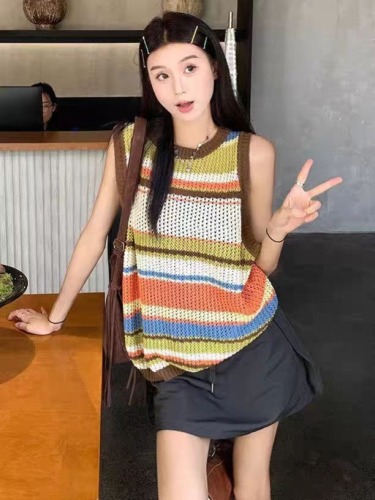 Vest Women's 2024 New Color Striped Hollow Vest Korean Style Loose Thin Sweater Spring and Summer Sleeveless Vest