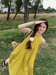 French yellow V-neck off-shoulder temperament dress, shot in real life