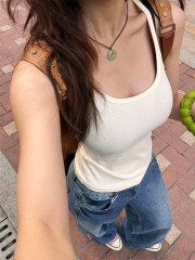 官圖 90粘膠10氨綸深灰色吊帶女歐美風性感U領無袖上衣