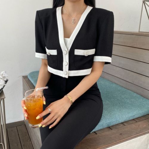 Original retro short classic all-match color matching V-neck short-sleeved suit jacket for women