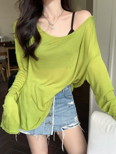 Real shot of one-shoulder slanted shoulder long-sleeved T-shirt for women summer loose sun protection blouse pure desire backless thin top