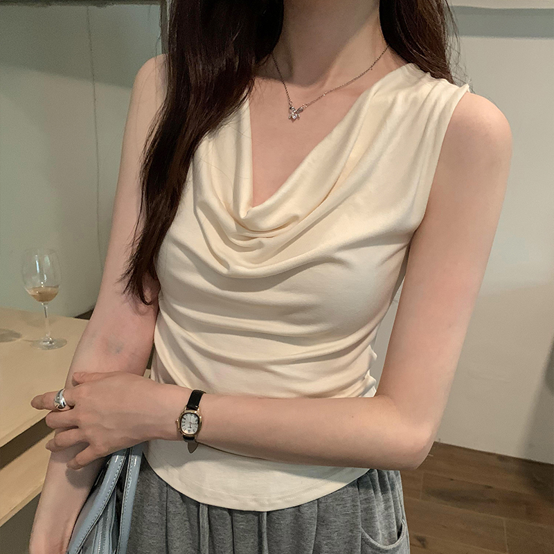實拍圖法式氣質設計感無袖盪領背心女夏2024新款外穿一字肩上衣