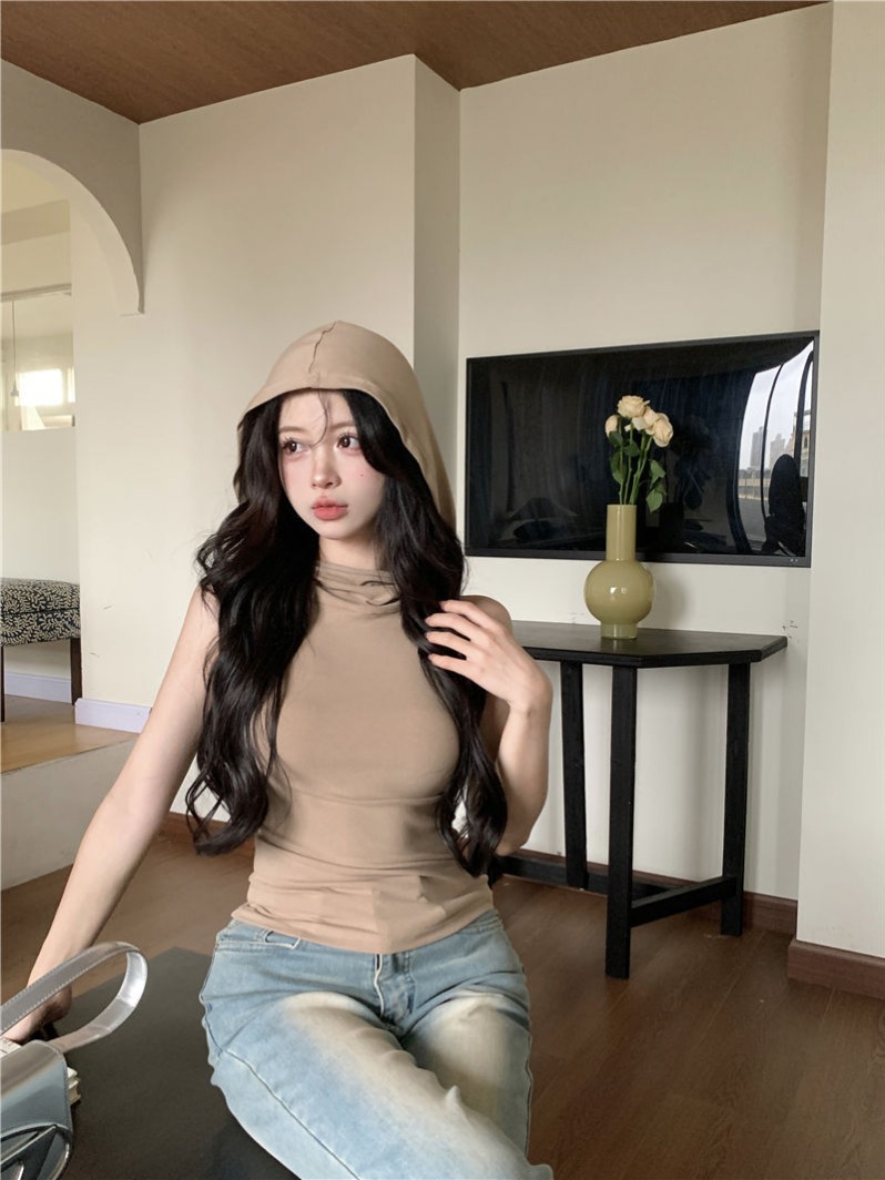 2024新款夏季辣妹工字連帽背心女ins小眾甜辣修身顯瘦無袖上衣