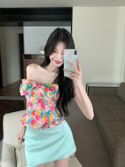 Photographed Tulip Floral Ruffle Bralette with Backless Strap Dress, Summer Butterfly Knot Sweet and Spicy French Style Outerwear Top