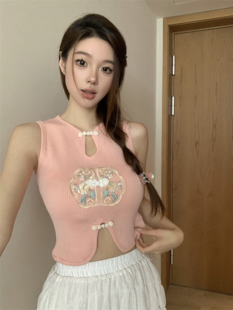 實拍   新中式復古盤扣旗袍背心女純欲辣妹刺繡國風無袖上衣