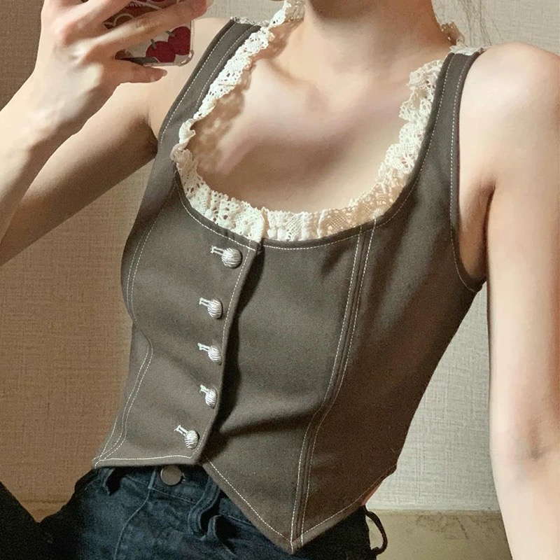 蕾絲拼接排扣方領小馬甲女夏季新款設計感復古短款打底背心上衣潮