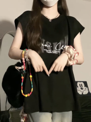 麂皮面料美式無袖t恤女坎肩砍袖背心上衣服