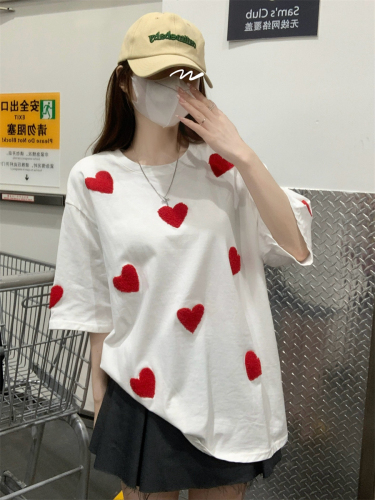 Real shot Summer casual simple versatile embroidered love loose mid-length short-sleeved T-shirt top