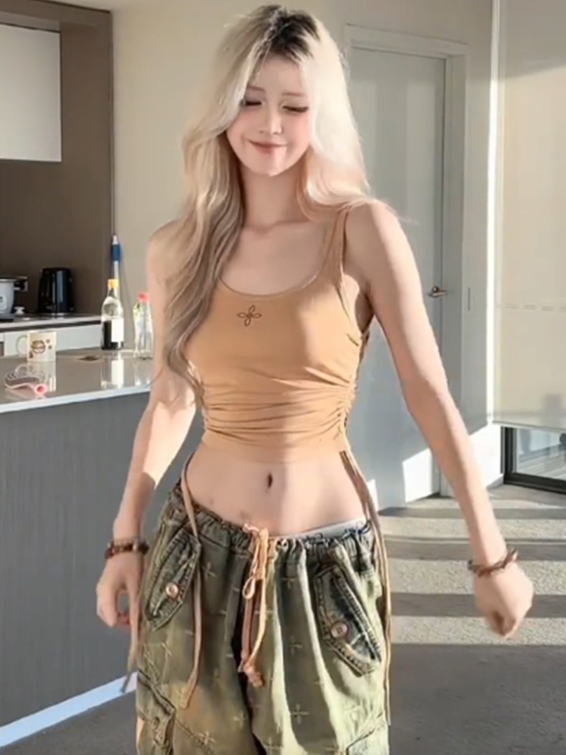 純欲辣妹復古抽繩褶皺背心女夏季修身顯瘦設計感別致休閒百搭上衣