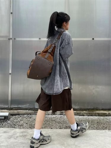 夏季短袖牛仔衬衫女ins潮牌港风日系小众设计感休闲宽松半袖外套