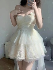 kumikumi高級感拖尾禮服裙抹胸蕾絲連衣裙女夏季氣質收腰蓬蓬裙子