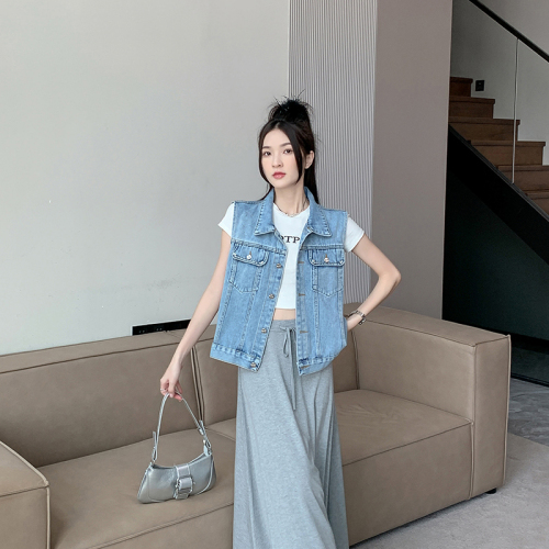 Real shot ~ Retro sleeveless vest denim vest versatile straight short denim vest jacket for women summer