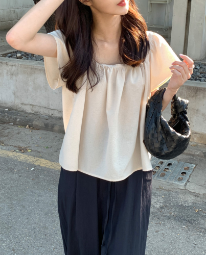 Korean chic summer temperament square collar pleated loose short-sleeved shirt