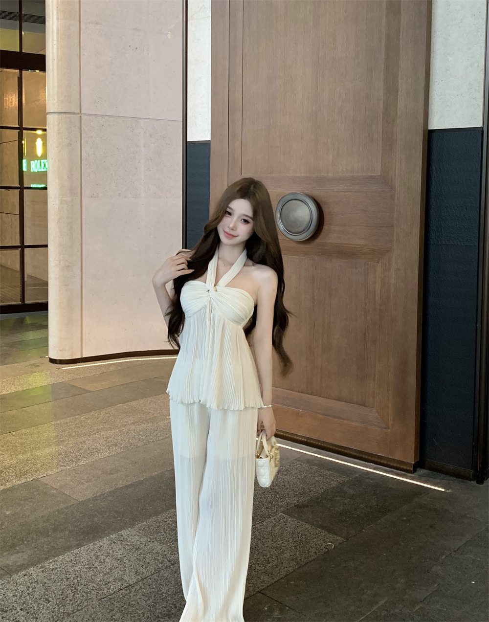 仙氣壓褶舒適溫柔掛脖吊帶上衣+長褲套裝女