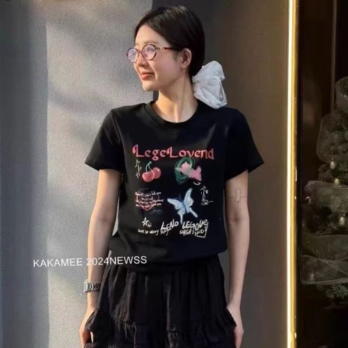 KAKAME 2024夏季新款复古蝴蝶字母印花短袖正肩T恤女修身短款上衣
