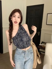 實拍 設計感綁帶短款收腰褶皺復古辣妹印花斜領露肩背心女