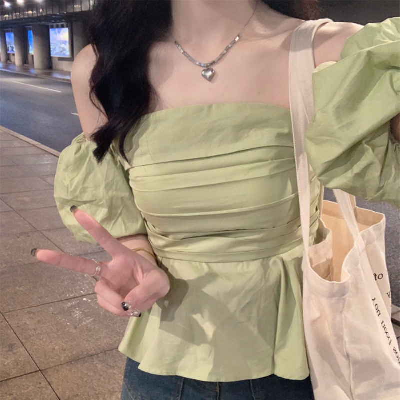 chic甜辣妹法式抹胸襯衫女夏季高級性感鎖骨一字肩上衣設計感小眾