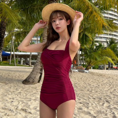 泳衣女簡約氣質純色三角連體比基尼鋼托小胸聚攏顯瘦遮肚性感溫泉