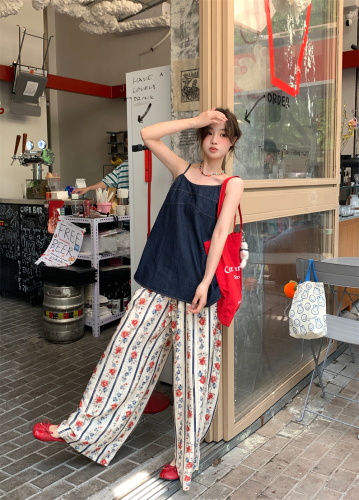 Vintage Washed Denim Tank Top + High-Waisted Slimming Floral Straight Leg Pants Set