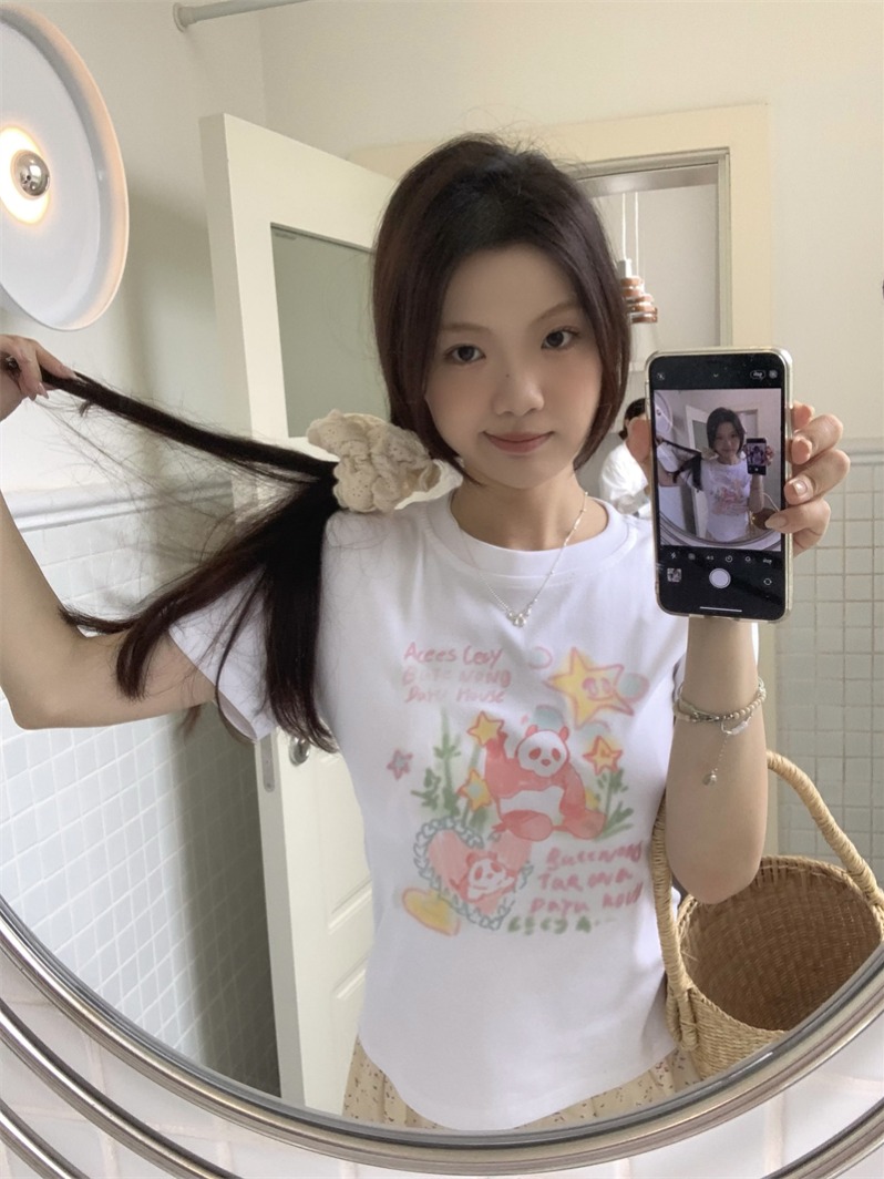 實拍~韓系鬼馬少女彩色熊貓印花短款正肩T恤上衣
