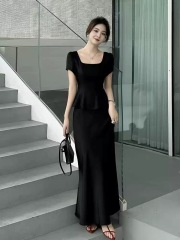 LZY知音 夏季顯瘦氣質U領短袖修身上衣＋長款修身高腰顯瘦半身裙