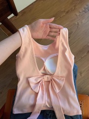 帶胸墊~露背蝴蝶結背心女2024夏季新款純欲修身顯瘦內搭上衣ins