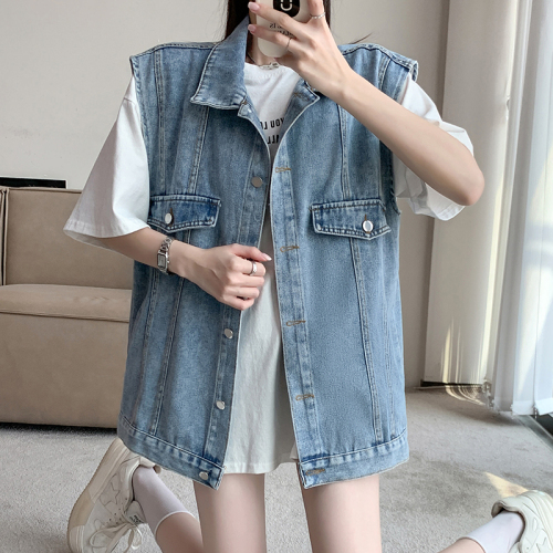 Actual shot ~ Retro denim vest jacket for women, Korean version, loose and versatile, layered vest top