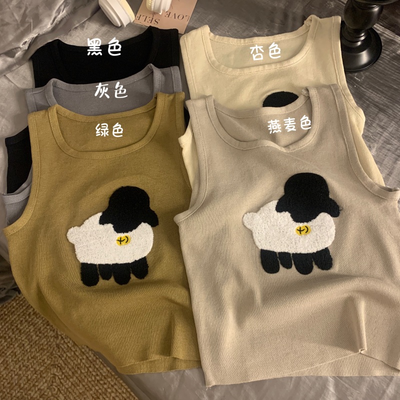 Real shot and real price Summer new lamb camisole design sleeveless short slim round neck top for women