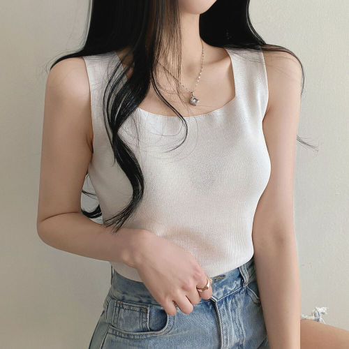 微胖 方形素色无袖针织T恤韩版chic性感打底小吊带背心纯色女
