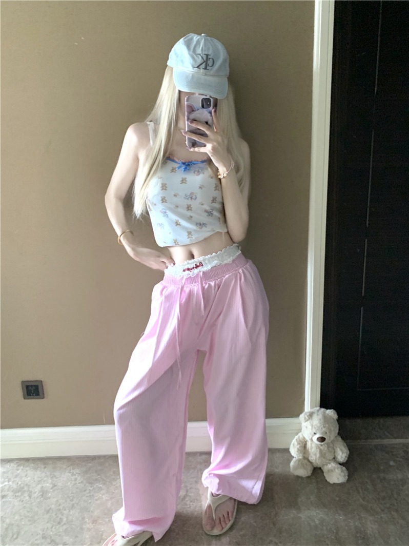 實拍冰涼一夏嗲系少女復古吊帶+寬鬆休閒時尚闊腿褲