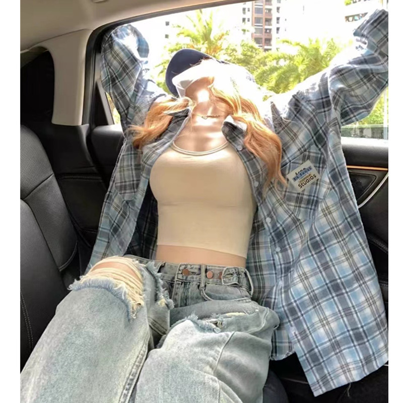 Not a real shot, American retro blue plaid shirt design sense sun protection long-sleeved shirt bm loose coat 