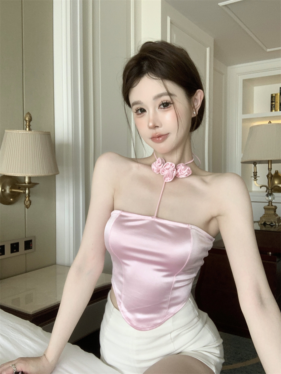 純欲甜心少女粉立體花朵裝飾掛脖背心設計感修身不規則辣妹上衣