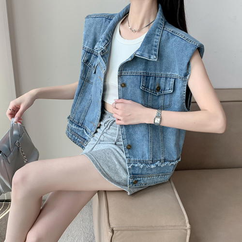 Actual shot ~ Retro raw-edged right-shoulder denim vest jacket for women, short style, new summer style, loose layered vest