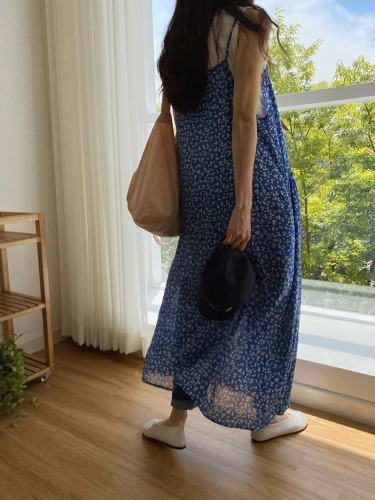 Dress for women summer 2024 new Korean cute flower sleeveless floral A-line vest suspender long skirt