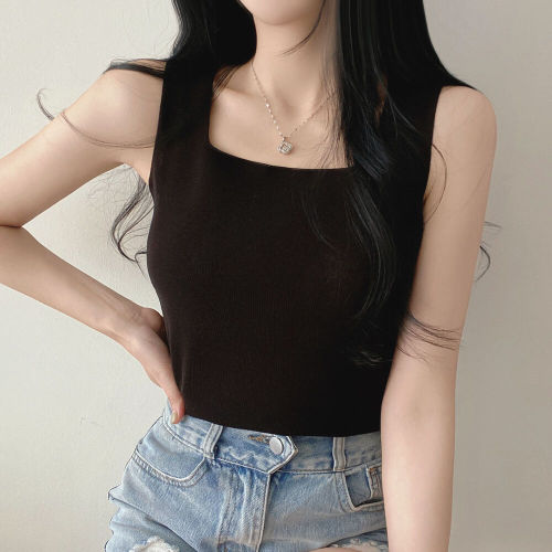 方形素色无袖针织T恤韩版chic性感打底套头小吊带背心纯色女