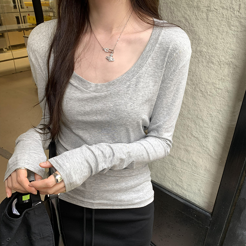 Photographed U-neck long-sleeved women's T-shirt 2024 early spring new loose design pure desire inner layer base shirt