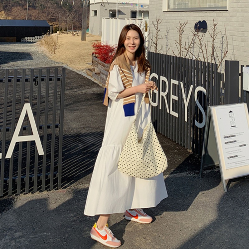 韩国宽松白色连衣裙女大码气质淑女中袖A字仙女裙子到脚踝长裙夏