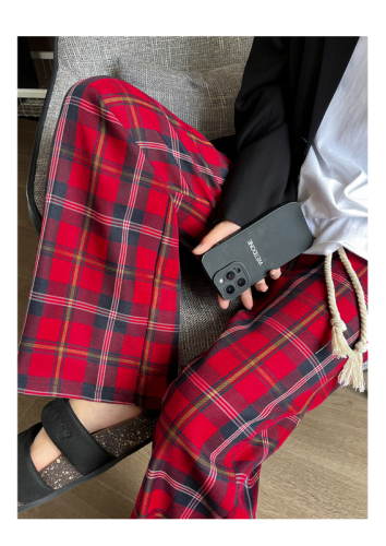 红色格子裤女春秋季2024年新款高腰宽松休闲慵懒直筒窄版阔腿裤子